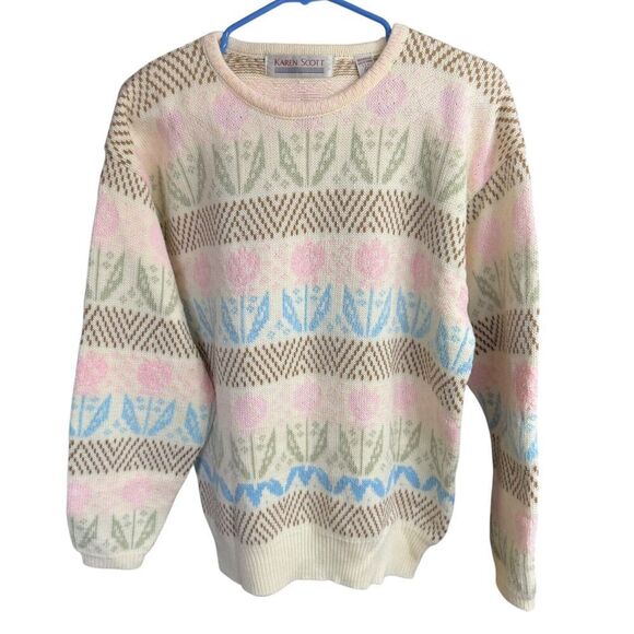 Vtg 80s/90s Pastel Tulip Sweater Karen Scott M Grandmacore Whimsical Feminine - Picture 1 of 6